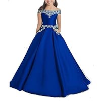Girl's Satin Beaded Pageant Dress with Pockets A Line Off Shoulder Princess Ball Gown RoyalBlue