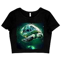 Sea Turtle Space Art Women's Cropped T-Shirt - Printed Crop Top - Cute Crop Tee Shirt