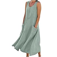 Women Summer Sleeveless Plus Size Cotton Linen Sundress Flowy A Line Beach Midi Dresses Casual Sun Dress with Pockets