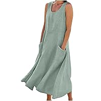 Sleeveless Linen Dresses for Women, 2023 Summer Pocket Dress Casual Scoop Neck Tank Dress Trendy Loose Fit Sundress