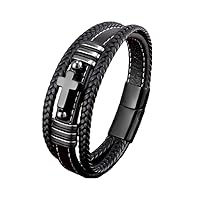 Cross Leather Bracelet For Men Multilayer Braided Memorial Wristband Bangle Stainless Steel Buckle Religious Activities Holiday Gifts