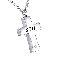 misyou Customized Stainless Steel Memorial October Birthstone Pendant Cremation Cross Pendant Keepsake Necklace （Son）