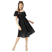 Solid Off-Shoulder Poly Georgette Midi Dress Cinched Long Dress Black