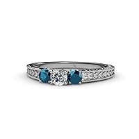 Blue & White Diamond Womens Milgrain Work 3 Stone Engagement Ring 0.52 ctw 925 Sterling Silver size 6.0