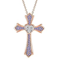 Created Heart Cut Tanzanite 925 Sterling Silver 14K Gold Over Diamond Heart Cross Pendant Necklace for Women's & Girl's