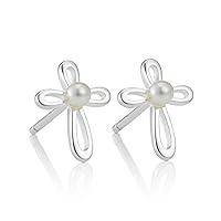 Hypoallergenic Sterling Silver Cherish Cross Freshwater Pearl Stud Earrings for girls. Ideal for Baptism, Quinceañera, Flower Girls and First Communion Gifts