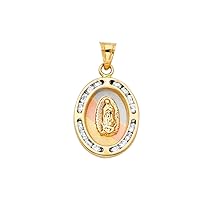 14k Yellow Gold White Gold and Rose Gold CZ Cubic Zirconia Simulated Diamond Virgen De Guadalupe Pendant Necklace 13x20mm Jewelry for Women