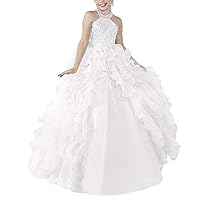 Girl's Halter Beaded Birthday Party Ball Gowns Organza Ruffles Pageant Dresses