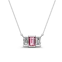 Emerald Cut (6x4 mm) Pink Tourmaline & Natural Diamond 1 1/3 ctw Women Three Stone Pendant Necklace 14K Gold