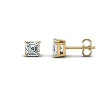 Mens Womens 4mm-8mm Asscher Cut Clear CZ Diamond Solitaire Stud Earrings In 14K Yellow Gold Plated 925 Silver
