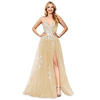 Sparkly Ball Gown Spaghetti Strap Glitter Tulle Prom Dresses V Neck Lace Applique Formal Evening Dress Slit