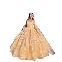Ball Gown Quinceanera Prom Dresses Yellow with Cape 3D Lace Flower Tulle Sweet 15 Wedding Dress 2024