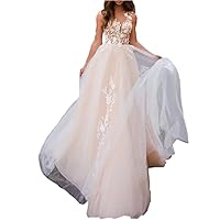 A-Line Beach Open Back Sexy Wedding Dress V Neck Sleeveless Court Train Lace Bridal Gowns with Appliques 2024