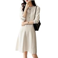 Style Knitted Dress Woman Light with A Tone Contrast Design Round Neck Long-Sleeved