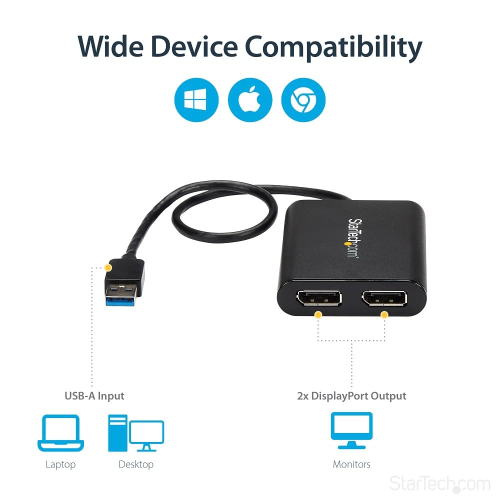 StarTech.com USB 3.0 to Dual DisplayPort Adapter 4K 60Hz, DisplayLink Certified, Video Converter with External Graphics Card - Mac & PC (USB32DP24K60), Black