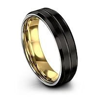 Tungsten Wedding Band Ring 6mm for Men Women Bevel Edge Black Grey 18K Yellow Gold Center Line Brushed Polished