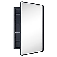 TEHOME Farmhouse Matt Black Recessed Bathroom Medicine Cabinet with Mirror Rounded Rectangle Metal Framed Medicine Cabinet with Beveled Mirror 21x34''