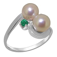 18k White Gold Cultured Pearl & Emerald Womens Dress Ring - Sizes 4 to 12 Available