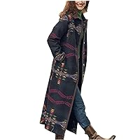 TUNUSKAT Womens Trench Coat Fall Winter Plus Size Aztec Print Western Long Jacket Lapel Vintage Casual Wool Pea Coat Overcoat