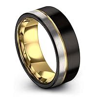 Tungsten Wedding Band Ring 9mm for Men Women 18k Rose Yellow Gold Plated Flat Cut Off Set Line Black Grey Half Brushed Polished
