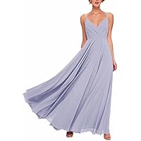 Women's Chiffon Long V-Neck Bridesmaid Dresses with Pockets Pleated Bodice Dresses for Wedding Party
