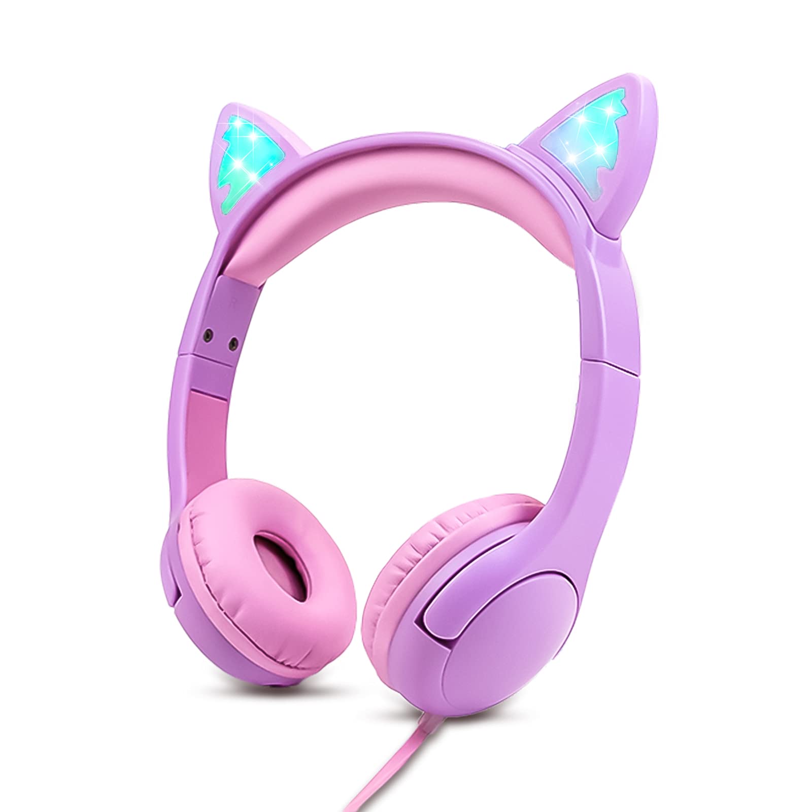 Olyre Kids Headphones, Safe 85db Volume Control Light Up Cat Ear Headphones for iPad Fire Tablet Kindle, On-Ear LED Children Headphones for School Learning Travel - Purple/Pink