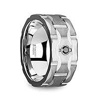 Mens Comfort Fit -Brushed Tungsten Wedding Band - Grooves & Black Diamond - 10mm Wide - Style name: SAINT