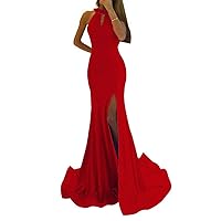 Women's High Split Mermaid Bridesmaid Dress Halter Long Sexy Evening Gowns Dark Red