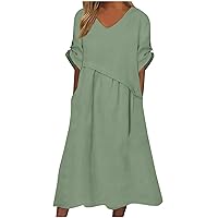 Womens Summer Cotton Linen Maxi Dress Casual Short Sleeve V Neck Beach Dress Button Up Patchwork T Shirt Dresses