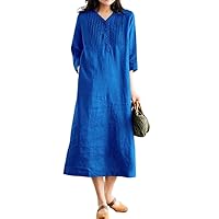 Summer Women's Plant Dyed Linen A-line Dress V-Neck Three-Quarter Sleeve Pocket