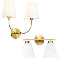 Hamilyeah Double Wall Sconces Gold, 2 Light Bathroom Vanity Sconces Wall Lighting Fixture with Fabric Shade, Modern Double Light Wall Sconce for Living Room, Bedroom, Bathroom, Hallway, Fireplace