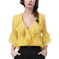 Sexy Chiffon Blouse Women Purple Half Sleeve Ruffled V-Neck Top Loose Thin Summer Ladies Casual Office Blouses