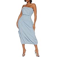 Women's Sexy Sleeveless Bodycon Denim Dress Tube Top Strapless Slim Multi-Pocket Cargo Dresses