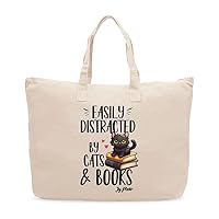 Easily Distracted by Cats and Books Cotton Canvas Bag - Book Lover Print Presents - Presents for Cat Lovers