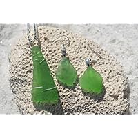 Genuine Kelly Green Sea Glass Sterling Silver Earrings and Necklace Set
