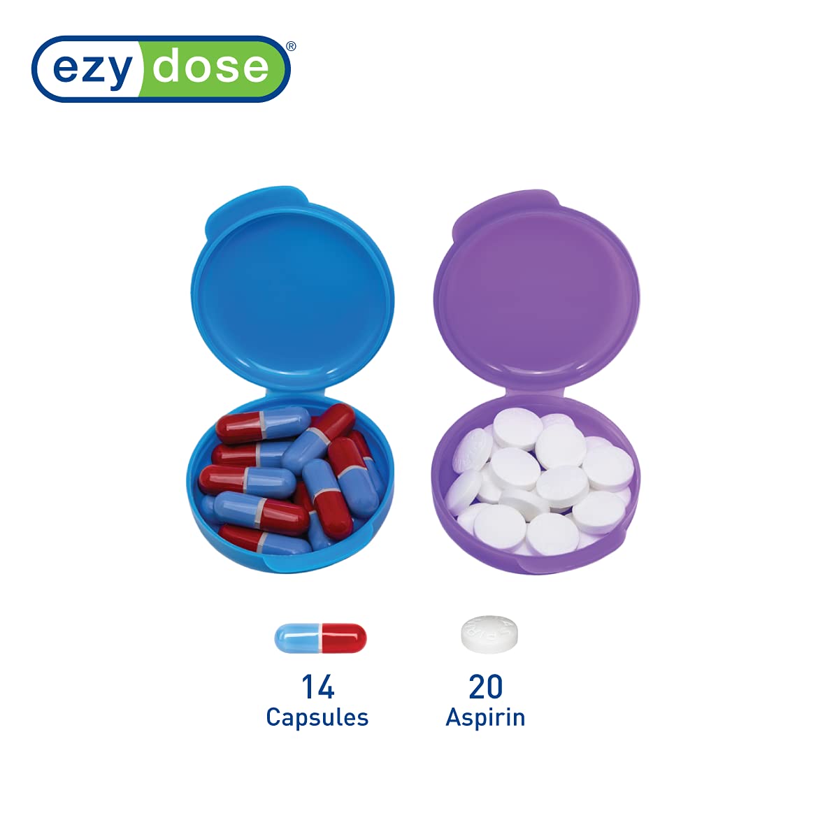 Ezy Dose Daily Round, Portable On-The-Go, Pill Box, Organizer and Vitamin Containers, Snap Shut Lids, Perfect For Traveling, Colors May Vary, 2 Pack