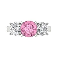 3.22ct Round Cut Solitaire three stone Pink Simulated Diamond designer Modern Statement Ring Real Solid 14k White Gold