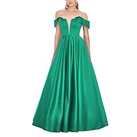 Ball Gown for Women Satin Dress Green Prom Dresses Long Off Shoulder V-Neck A-Line