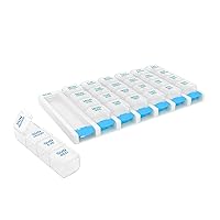 Weekly (7 Day) 4 Times a Day Push Button Pill Organizer and Vitamin Planner, Removable Daily Pillboxes, Blue, Clear Lids, Large, BPA Free