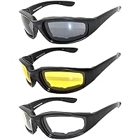 Set of 3 Pairs Motorcycle Padded Foam Glasses Smoke Yellow or Clear Lens