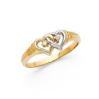 14k White Yellow Gold CZ Heart Promise Ring Love Band Two Hearts Together Fancy Two Tone Size 5.5