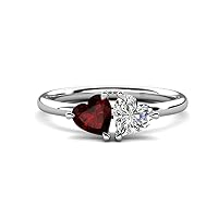 Heart Shape 6.00 mm Red Garnet & IGI Certified Lab Grown Diamond 1.80 ctw set in Tiger Claw Prong setting Two Stone Duo Women Engagement Ring in 14K Gold