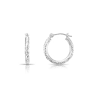 14K White Gold Round Hoop Earrings with Diamond-cut X Pattern Design…