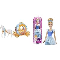 Bundle of Mattel Disney Princess Cinderella’s Rolling Carriage with White Horse with Brushable Mane & Tail + Cinderella Fashion Doll, Sparkling Look with Blonde Hair, Blue Eyes & Hair Accessory
