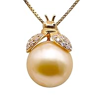 11mm AAA Round Golden South Sea Pearl Necklace 14K Yellow Gold Bee Pendant Necklace