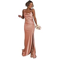 Women's Sexy Open Back Satin Bridesmaid Dresses with Slit Spaghetti Straps Prom Evening Gowns R011