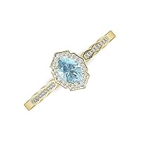 Oval Cut Aquamarine & Round Natural Diamond 1 ctw Women Vintage Scallop Halo Engagement Ring 14K Gold
