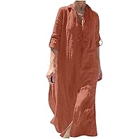 Women Cotton and Linen Collared Shirt Dress Plus Size V Neck 3/4 Sleeve Casual Loose Maxi Dresses Summer Beach Dress