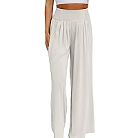 Womens Cropped Wide Leg Pants Elastic-Waisted Pleated Palazzo Pants Business Casual Loose Flowy Trousers