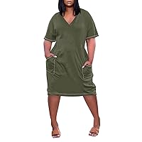 Red Plus Size Dresses for Curvy Women,Dresses for Women Comfortable Plus Size V Neck Dresses Short Sleeve Knee